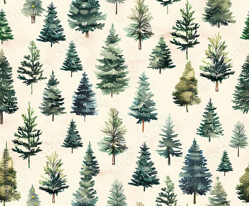 Seamless pattern of various watercolor pine trees. Christmas tree