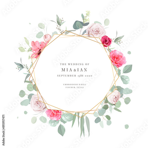 Floral vector banner. Hand painted plants, flowers, leaves on white background. Greenery botanical wedding invitation. Watercolor style. Natural card design. All elements are isolated and editable.