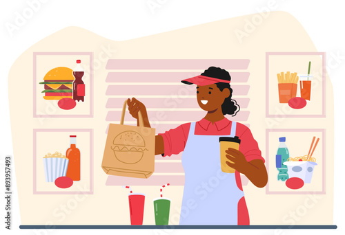 Happy Fast Food Worker Standing Behind The Counter, Holding A Takeout Food Bag And A Drink. Lively Fast Food Restaurant