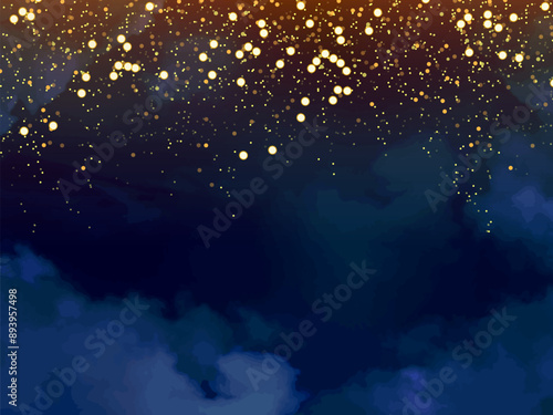 Magic night dark blue frame with sparkling glitter bokeh and light art. Square vector wedding card. Gold confetti and navy background. Golden scattered Christmas dust. Fairytale magic star template