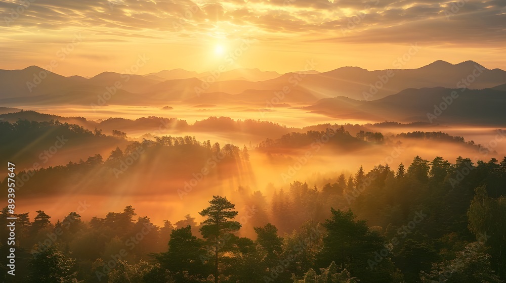 Sunset over the mountains in winter. With pines, plants and flowers in the foreground Sunset over the mountains in winter. With pines, plants and flowers in the foreground