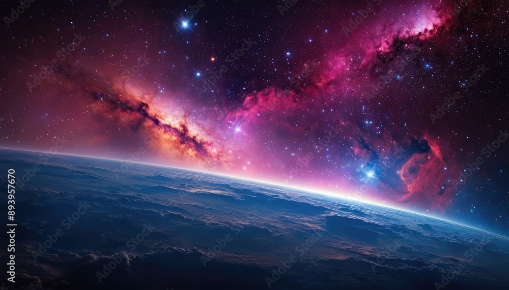 Fototapeta premium A breathtaking image of a vibrant nebula, showcasing a mix of bright pink, blue, and orange colors, with stars scattered across the cosmic landscape