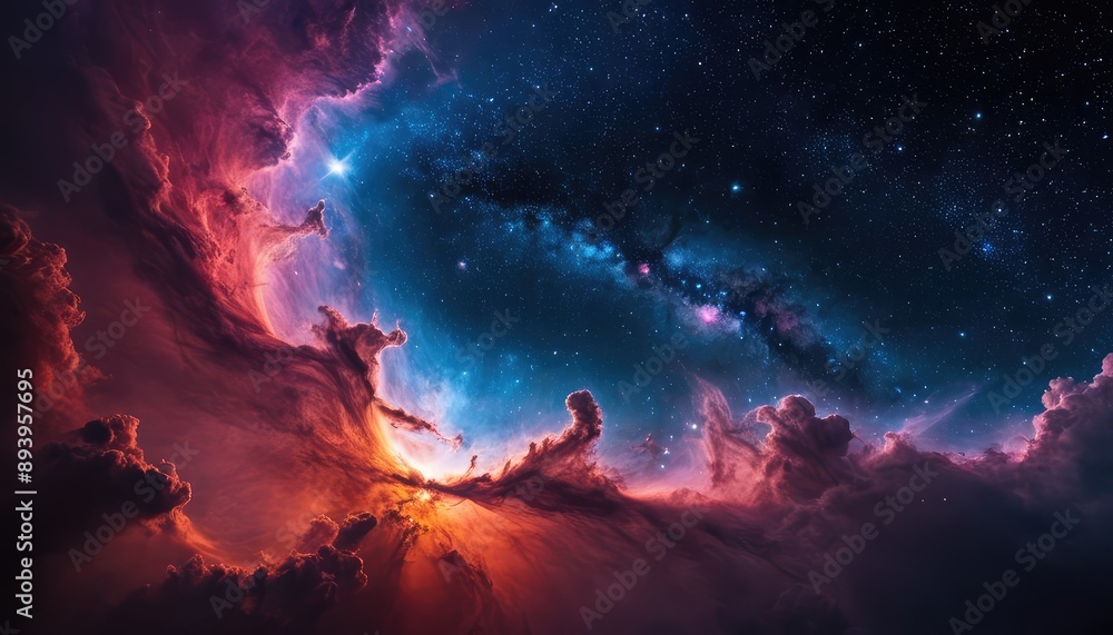 Fototapeta premium A breathtaking image of a vibrant nebula, showcasing a mix of bright pink, blue, and orange colors, with stars scattered across the cosmic landscape
