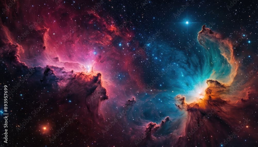 A breathtaking image of a vibrant nebula, showcasing a mix of bright pink, blue, and orange colors, with stars scattered across the cosmic landscape
