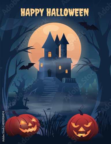Halloween card, gloomy castle with trees and pumpkins