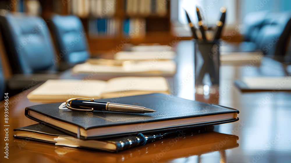 Arbitration session setup with legal books and notepad