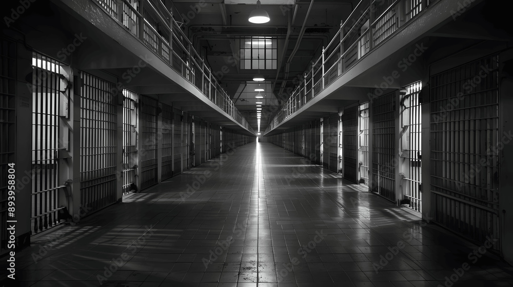 Correctional facility hallway with rows of cells Correctional facility hallway with rows of cells