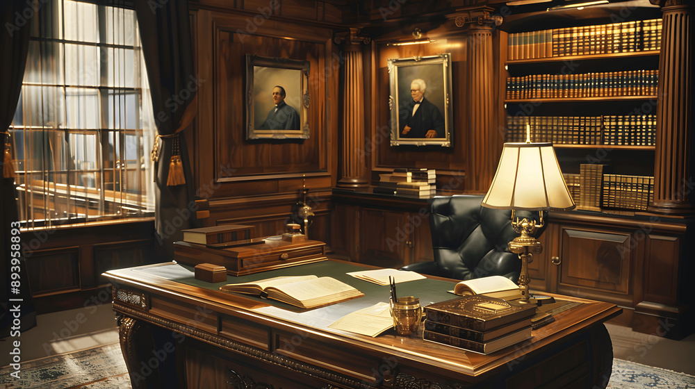 Empty judge's chamber with wooden desk and open law book Empty judge's chamber with wooden desk and open law book