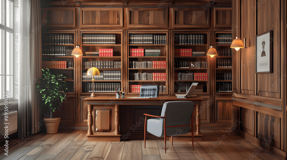 Fototapeta premium Lawyer's office with law degree and bookshelf of legal volumes