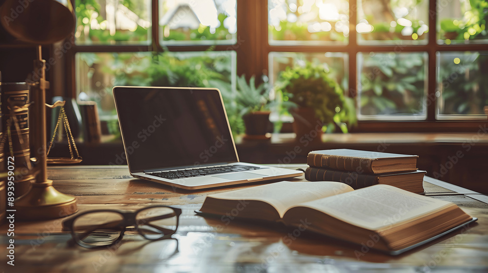 Office desk with laptop, legal books, and reading glasses Office desk with laptop, legal books, and reading glasses