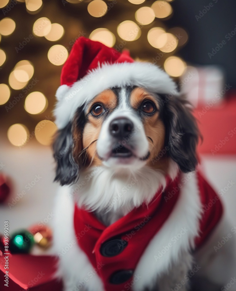 A cute dog dressed up for Christmas with lights and red clothing for the holidays pet lovers A cute dog dressed up for Christmas with lights and red clothing for the holidays pet lovers