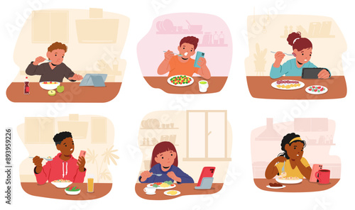 Children Using Gadgets Like Smartphones And Tablets While Eating Meals. Vector Scene Reflects Modern Technology Habits