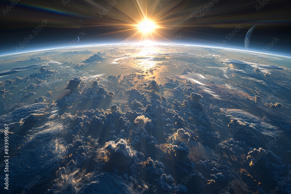 breathtaking view of Earth from space, showcasing the planet's vastness and beauty under a glowing sunrise. breathtaking view of Earth from space, showcasing the planet's vastness and beauty under a glowing sunrise.