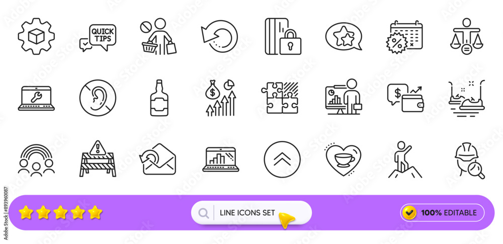 Star, Inspect and Wallet line icons for web app. Pack of Inclusion, No hearing, Warning road pictogram icons. Bumper cars, Laptop repair, Send mail signs. Puzzle game, Quick tips. Search bar. Vector Star, Inspect and Wallet line icons for web app. Pack of Inclusion, No hearing, Warning road pictogram icons. Bumper cars, Laptop repair, Send mail signs. Puzzle game, Quick tips. Search bar. Vector