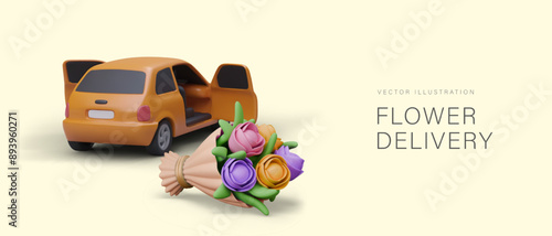 Flower delivery advertisement. Modern courier services. Realistic car, bouquet of flowers
