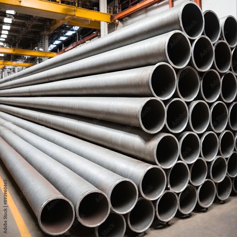 Fototapeta premium Steel pipe or aluminum and chrome stainless pipes in stack in warehouse