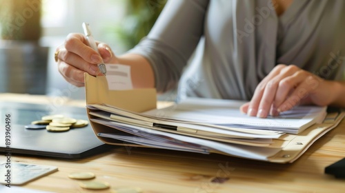 Woman hand holding file folder with documents. Office paperwork, data analysis, and research concept.