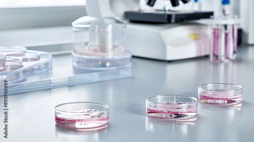 a setup of petri dishes containing stem cell cultures on a pristine lab bench a setup of petri dishes containing stem cell cultures on a pristine lab bench