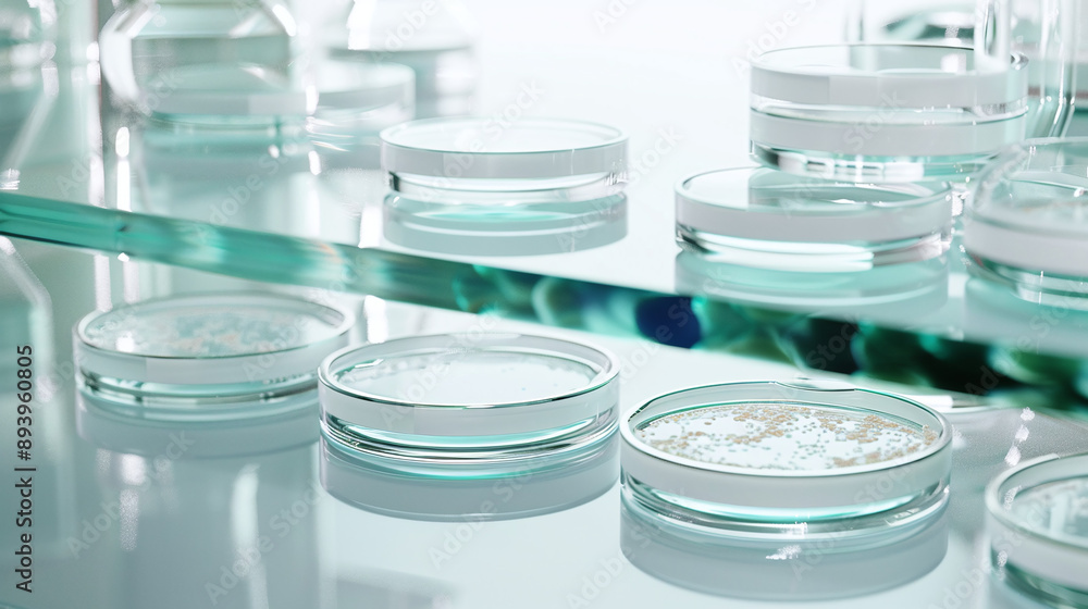a setup of petri dishes containing stem cell cultures on a pristine lab bench a setup of petri dishes containing stem cell cultures on a pristine lab bench