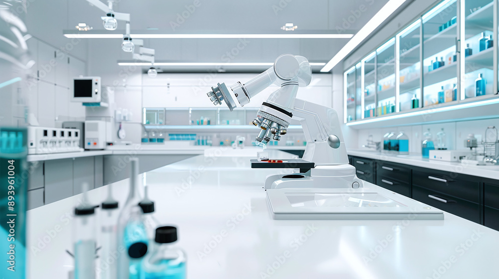 a modern biotech lab equipped with robotic arms and automated machinery working on samples a modern biotech lab equipped with robotic arms and automated machinery working on samples
