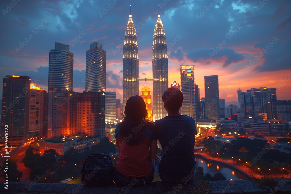 Naklejka premium Couple Admiring Kuala Lumpur Skyline at Dusk