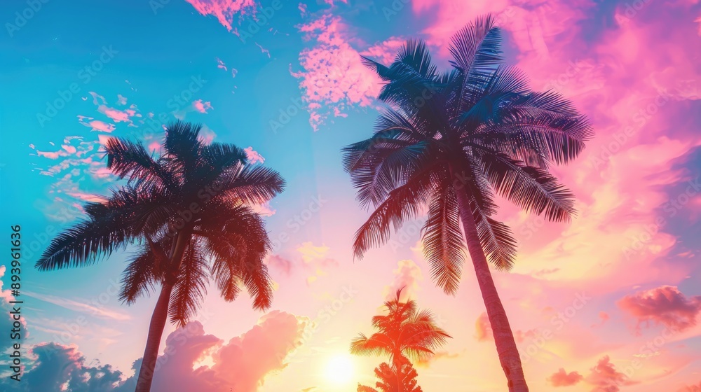 Blue palm trees swaying in the breeze against a vibrant sunset sky Blue palm trees swaying in the breeze against a vibrant sunset sky