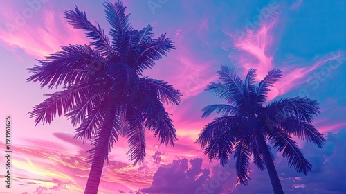 Blue palm trees swaying in the breeze against a vibrant sunset sky