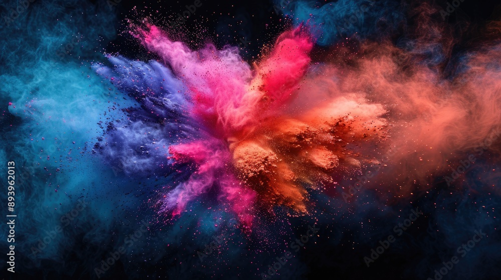 Colorful powder bursts creating a vivid explosion against a dark backdrop Colorful powder bursts creating a vivid explosion against a dark backdrop