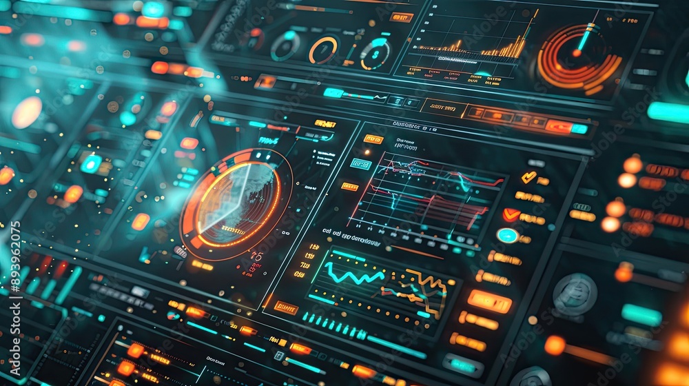 Digital infographic model with animated graphs and icons on a computer screen
