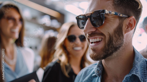 A man wearing sunglasses smiling while shopping for eyewear with friends, representing modern masculinity, social engagement, and fashion.

