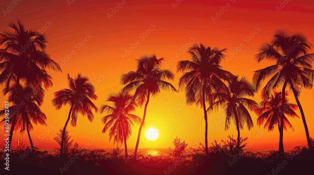 Palm trees in silhouette against a fiery orange sunset on a summer evening Palm trees in silhouette against a fiery orange sunset on a summer evening