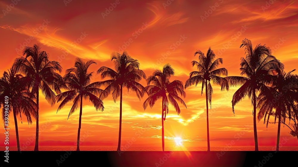 Palm trees in silhouette against a fiery orange sunset on a summer evening Palm trees in silhouette against a fiery orange sunset on a summer evening