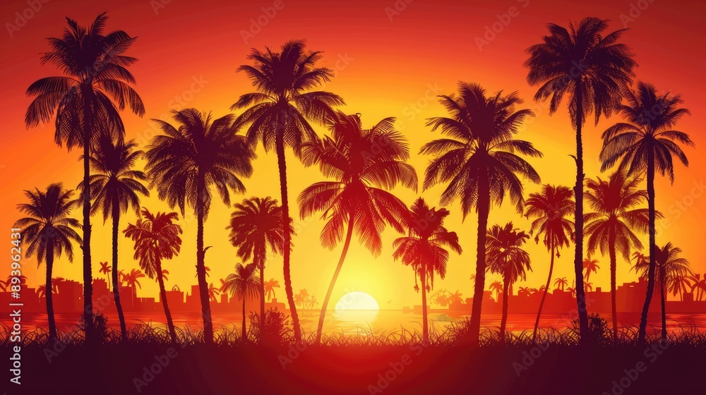 Palm trees in silhouette against a fiery orange sunset on a summer evening Palm trees in silhouette against a fiery orange sunset on a summer evening