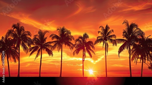 Palm trees in silhouette against a fiery orange sunset on a summer evening