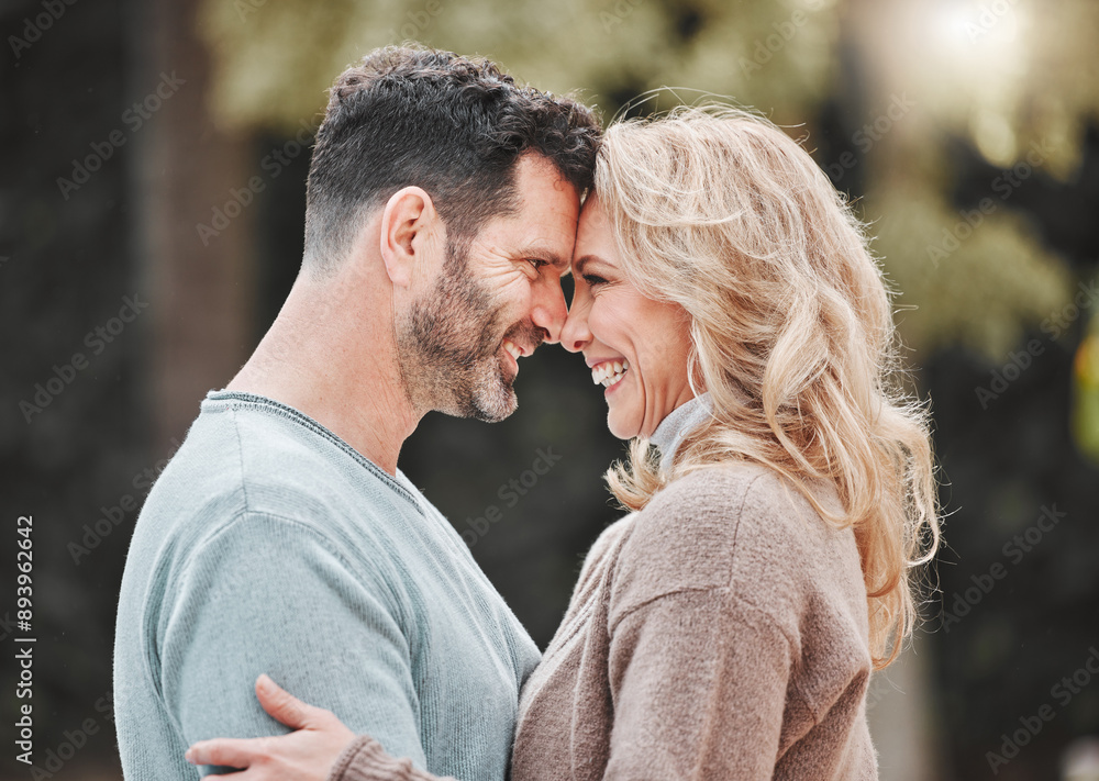 Mature couple, forehead and outdoor hug for support, love and affection for spouse on holiday. Happy people, trust and vacation for bonding in nature, embrace and countryside security in commitment Mature couple, forehead and outdoor hug for support, love and affection for spouse on holiday. Happy people, trust and vacation for bonding in nature, embrace and countryside security in commitment
