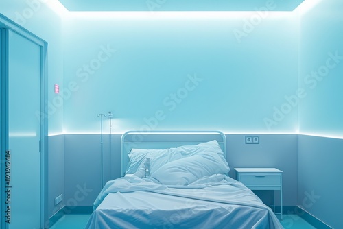 This image highlights a modern hospital room featuring ambient blue lighting, a single bed, and contemporary furnishings, offering a serene and technologically advanced healthcare setting.