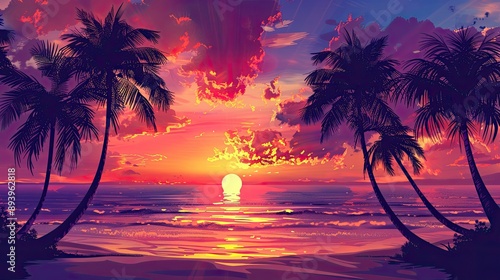 Tropical beach with silhouetted palm trees against a vibrant sunset