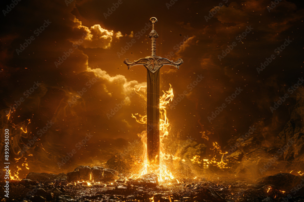 Epic Sword at Sunrise Amidst Fiery Background Epic Sword at Sunrise Amidst Fiery Background