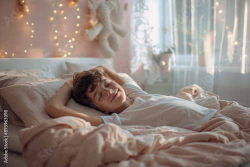 Wallpaper Mural Peaceful young kid relaxing in bed, surrounded by soft pillows and decorative stars, enjoying a tranquil morning in a cozy bedroom Torontodigital.ca