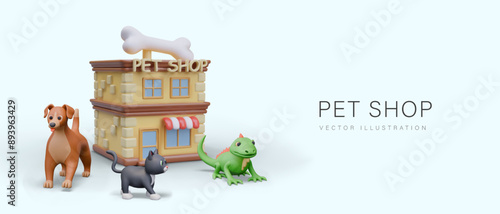 Advertising poster of pet shop. 3D house with text sigh and giant bone, dog, cat, iguana