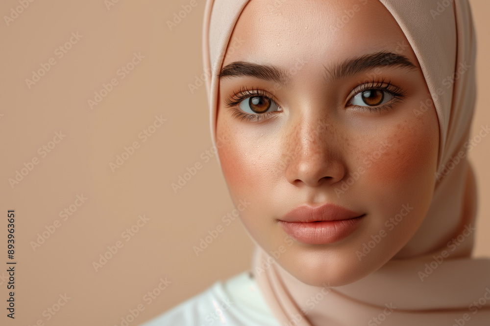 Beautiful woman with freckles wearing a beige hijab, close-up portrait highlighting natural beauty, expressive eyes, and smooth skin, neutral background, fashion and culture. Beautiful woman with freckles wearing a beige hijab, close-up portrait highlighting natural beauty, expressive eyes, and smooth skin, neutral background, fashion and culture.