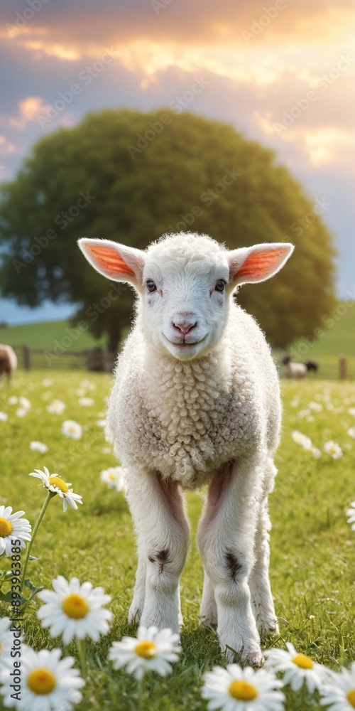 Obraz premium White sheep on green grass floral meadow