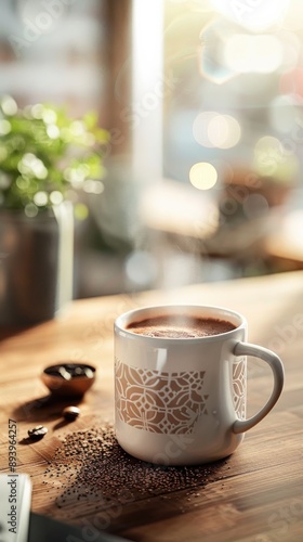 A cozy cafe scene with a warm drink in a decorative mug on a wooden table, accompanied by coffee beans and a blurred background.