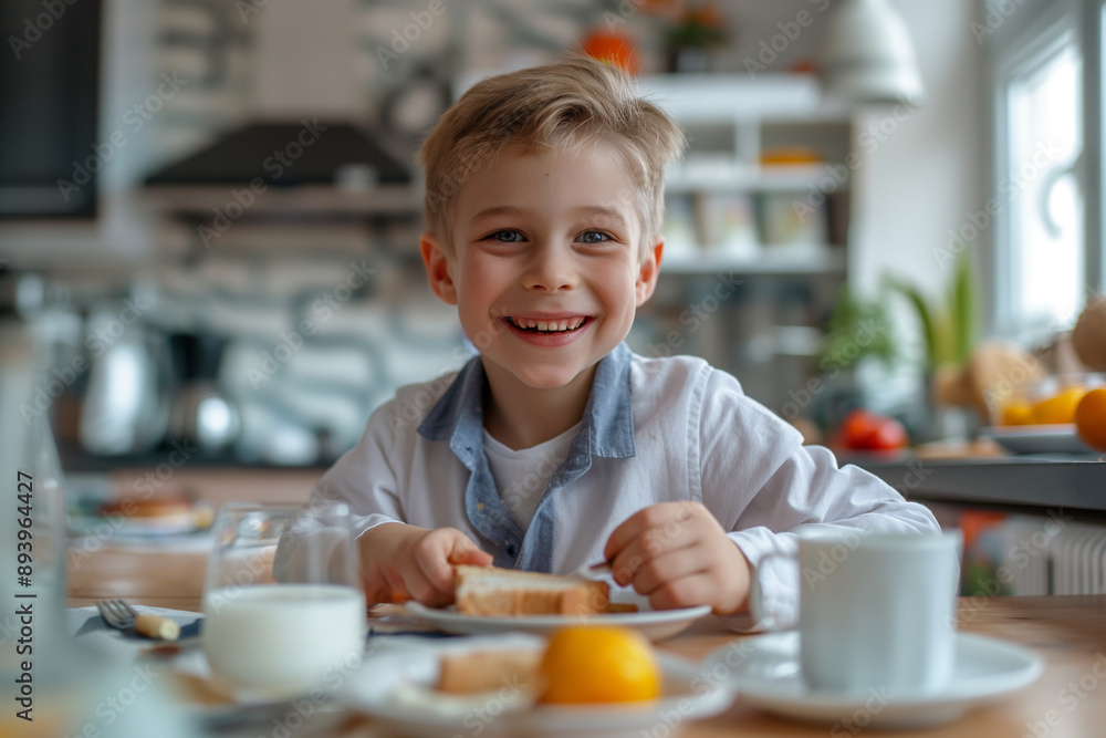Smiling young boy having breakfast in the kitchen, sitting at the table with milk and toast, cozy and warm family moment, morning routine, Back to School. Smiling young boy having breakfast in the kitchen, sitting at the table with milk and toast, cozy and warm family moment, morning routine, Back to School.