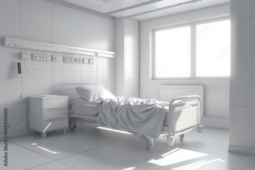A hospital room intensely white with a single bed and crumpled sheets illuminated by natural light from the large window, portraying a sterile yet calm healing space. A hospital room intensely white with a single bed and crumpled sheets illuminated by natural light from the large window, portraying a sterile yet calm healing space.