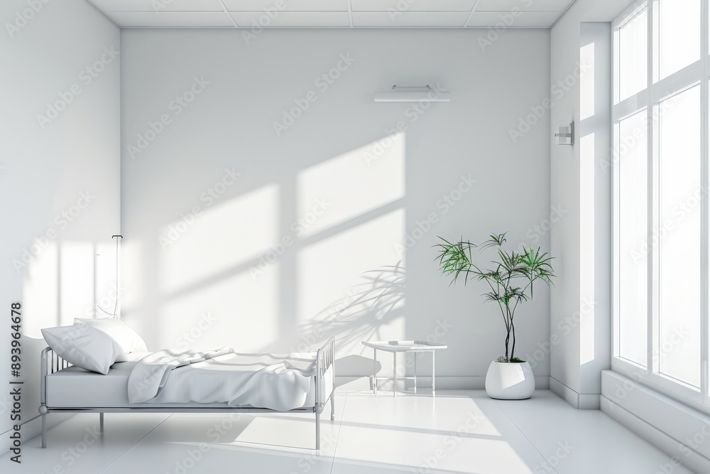 Simple, clean, minimalist white bedroom interior with a single bed, white bedding, and a green potted plant by a window letting in abundant natural light. Simple, clean, minimalist white bedroom interior with a single bed, white bedding, and a green potted plant by a window letting in abundant natural light.