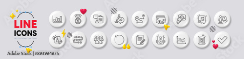 Diagram chart, Wallet and Clipboard line icons. White buttons 3d icons. Pack of Report diagram, Survey progress, Oil barrel icon. Journey, Musical note, Tick pictogram. Vector