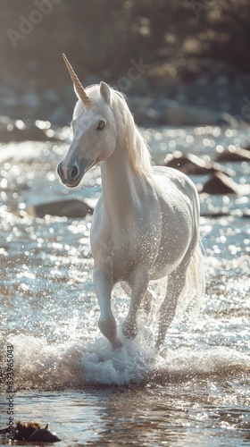 Pure white unicorn stallion, with flowing mane and tail, galloping through a river.