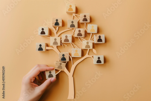 Visualization of a family tree. Wooden figures represent family members, and branches and connections indicate kinship. The composition can also symbolize team members.