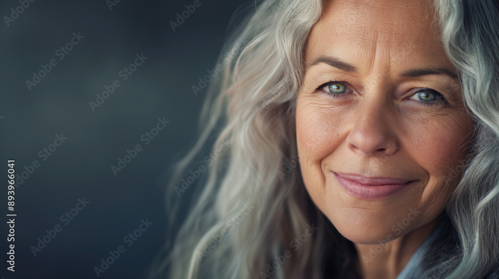 Smiling mature woman with grey hair, natural beauty, close-up portrait highlighting confidence and grace, senior lifestyle, positive aging, grey background Smiling mature woman with grey hair, natural beauty, close-up portrait highlighting confidence and grace, senior lifestyle, positive aging, grey background